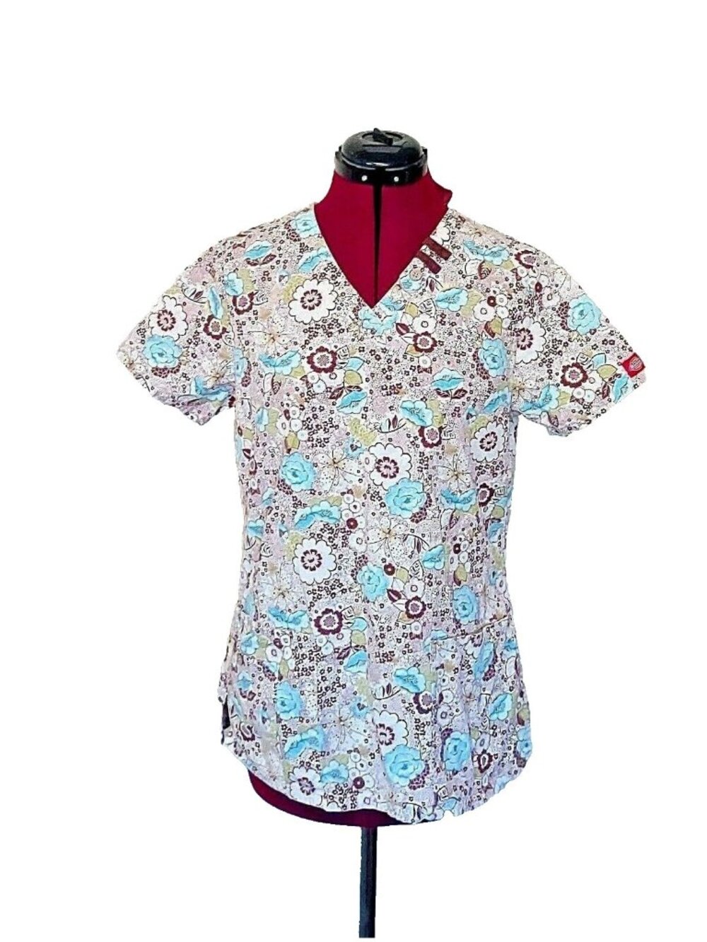 Dickies Women’s Floral Print Scrub Top Medium Multicolor Pockets Side Split